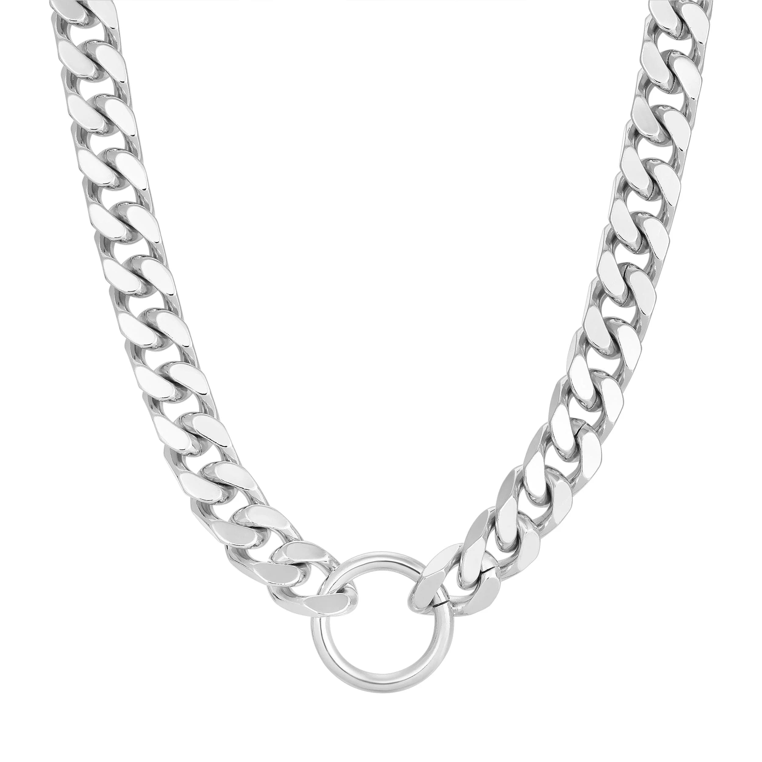 Silver squared-off curb chain necklace with ring, Tate Necklace in rhodium-silver curb chain style