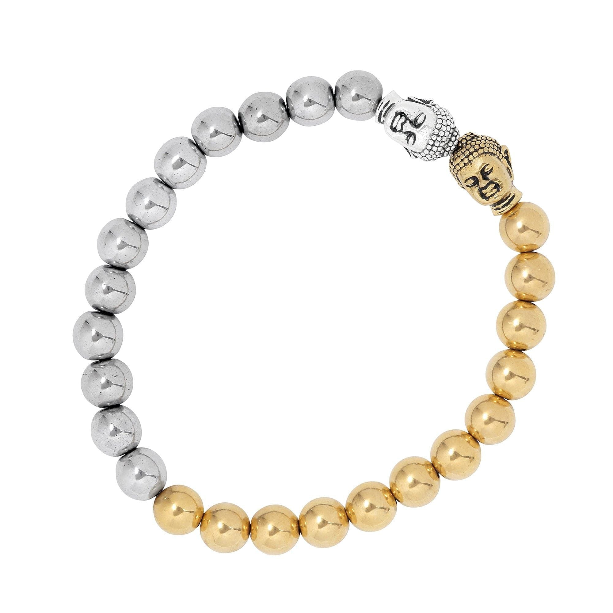 Two-tone beaded bracelet featuring a gold plated Buddha head and silver plated hematite beads