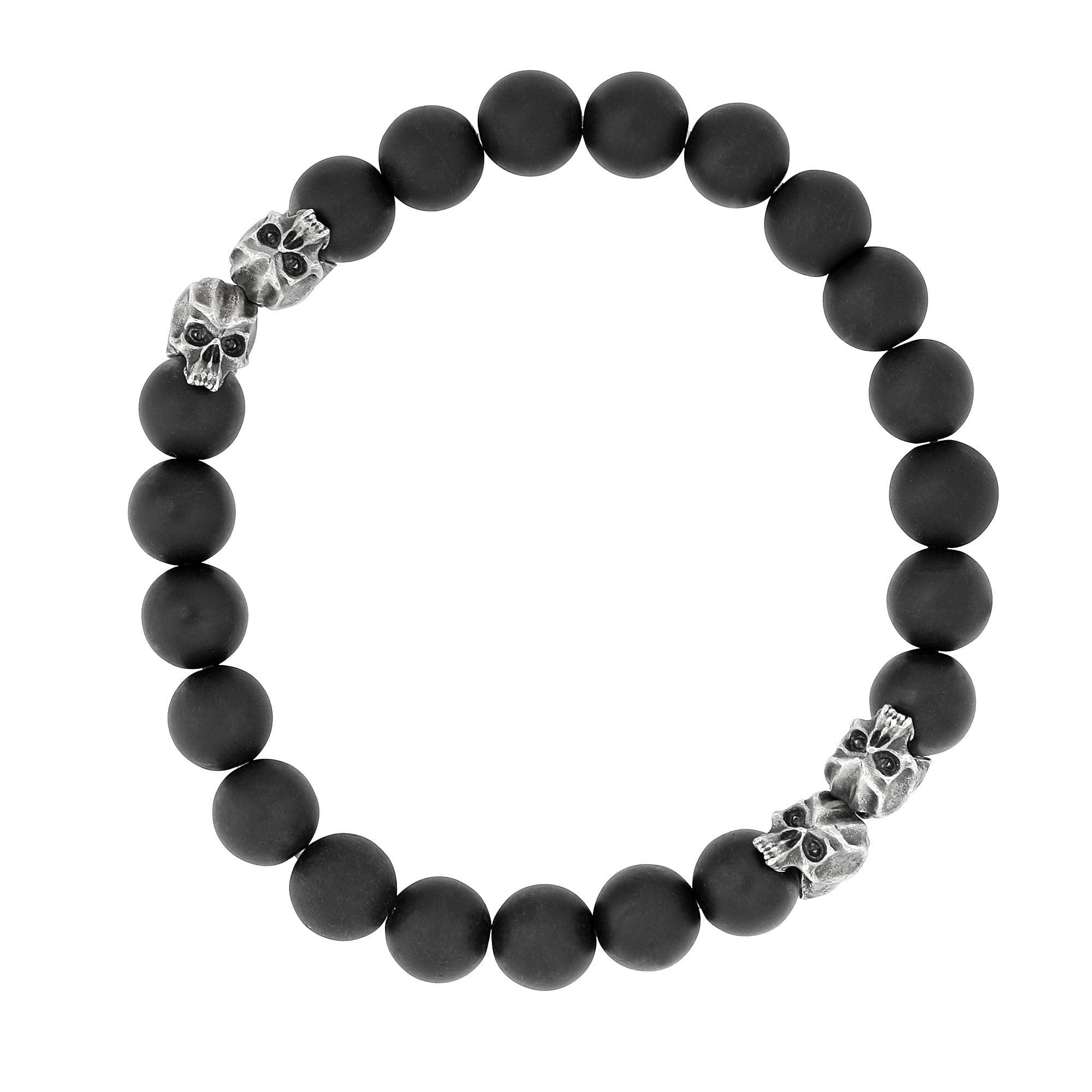 Black beaded Naples Bracelet featuring pewter skulls 8mm and onyx beads stretch