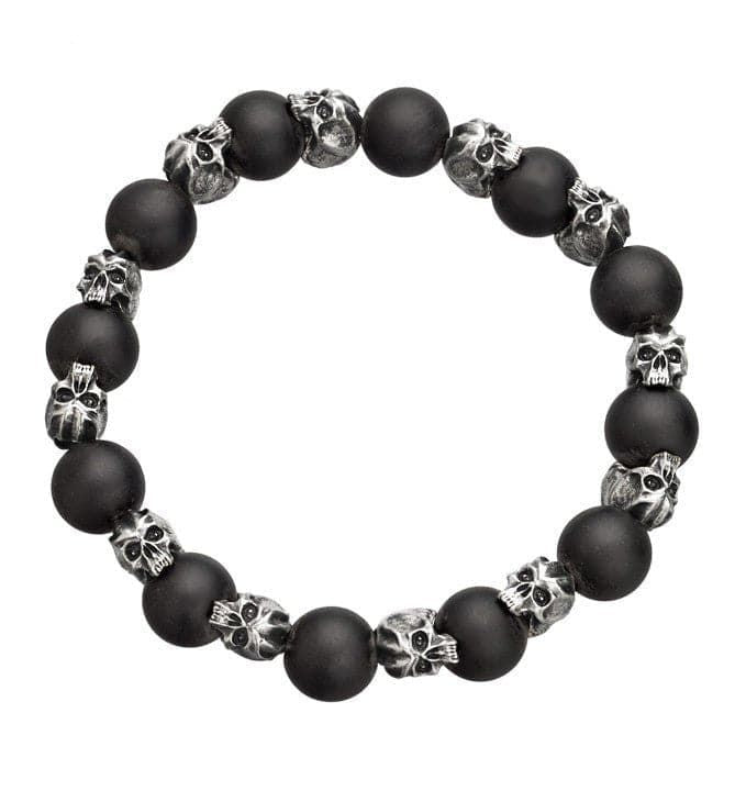 Skull and black bead bracelet with mini pewter skulls and 10mm matte onyx, The Whitehall Bracelet