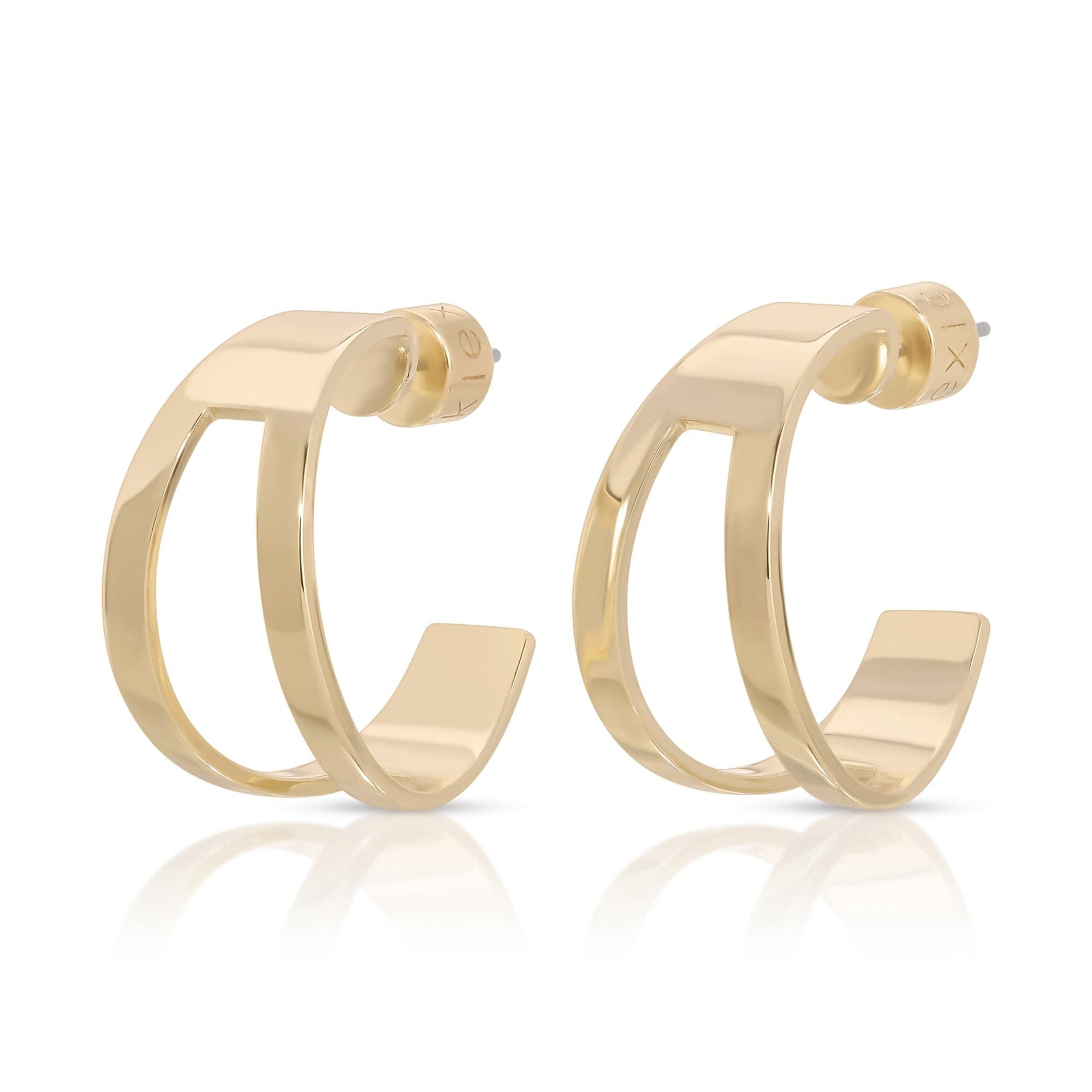 Pair of Theo Cut-Out Tapered Hoops with recycled brass finishes and 14k gold plating