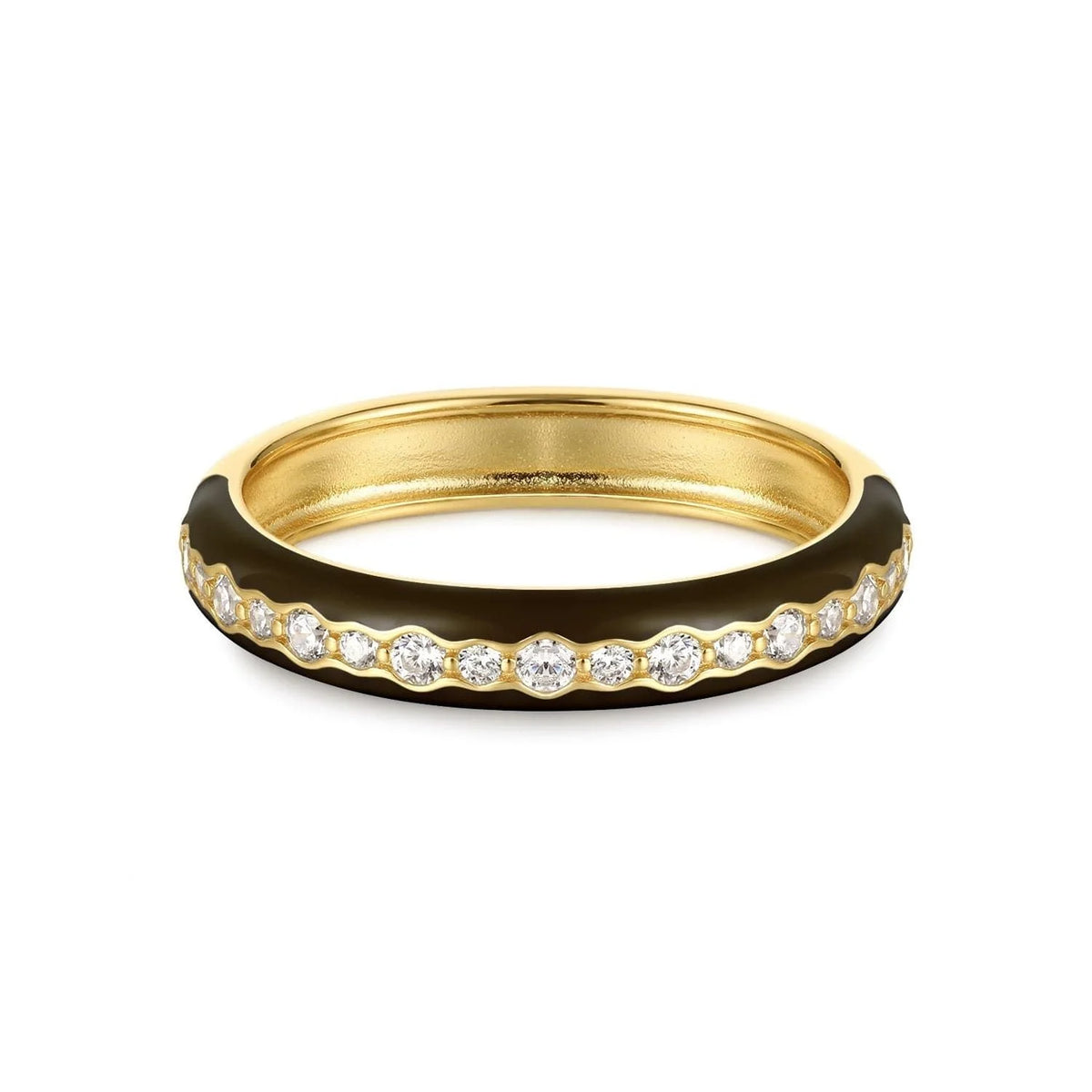 Gold ring with black enamel and sparkling CZ stones in the Thin Black Enamel & CZ Channel Ring