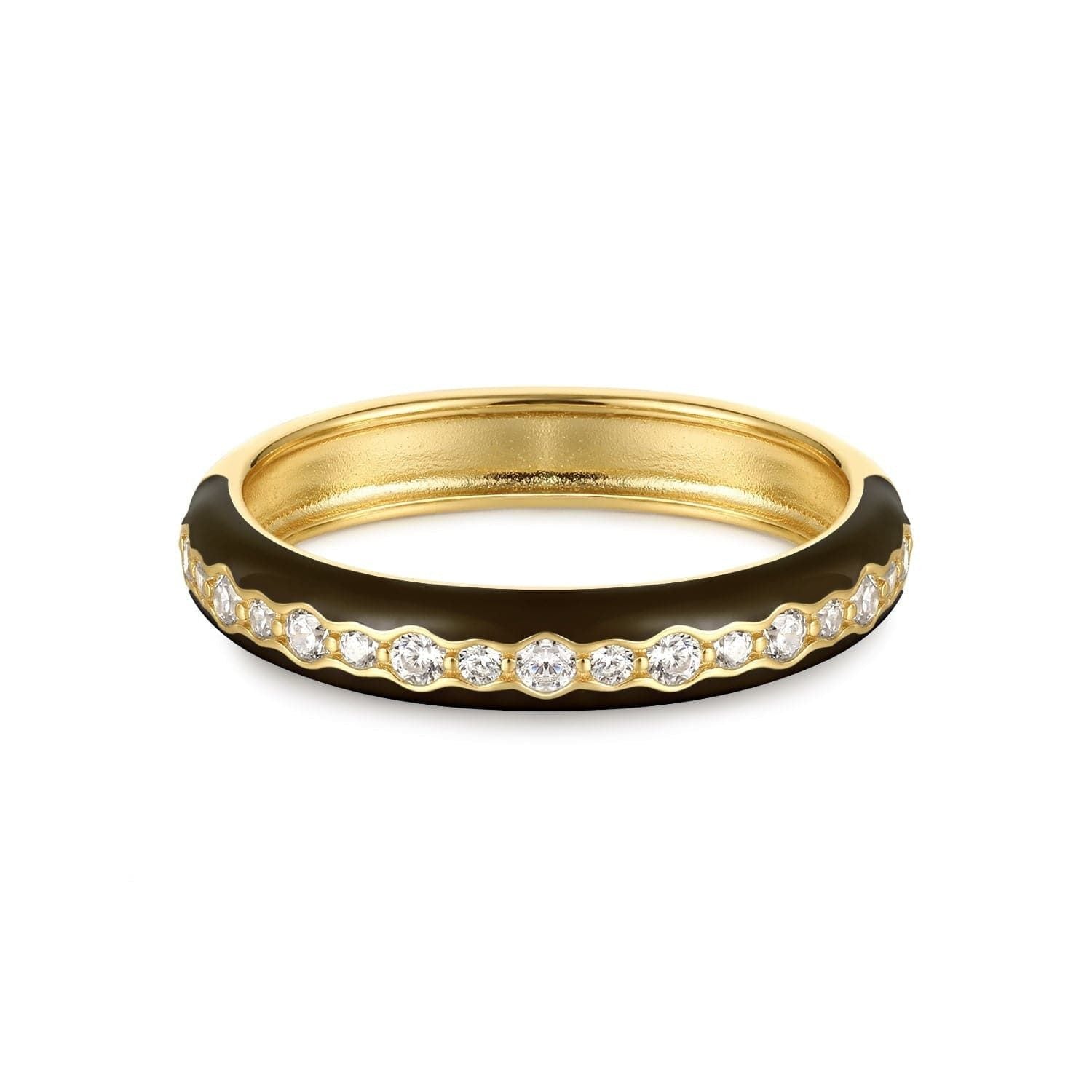 Gold vermeil rings featuring a Thin Black Enamel & CZ Channel Ring with diamonds