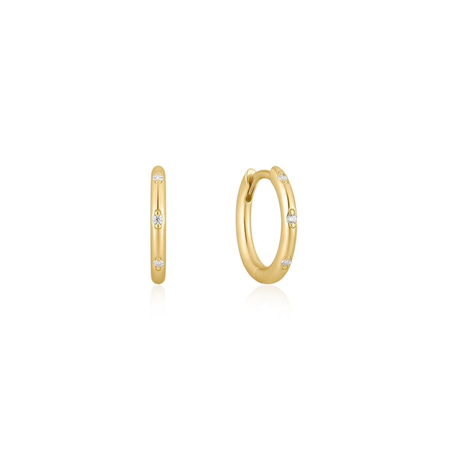 14k Gold Vermeil hoop earrings with embedded gems, stylish Thin Cz Studded Huggie Hoops