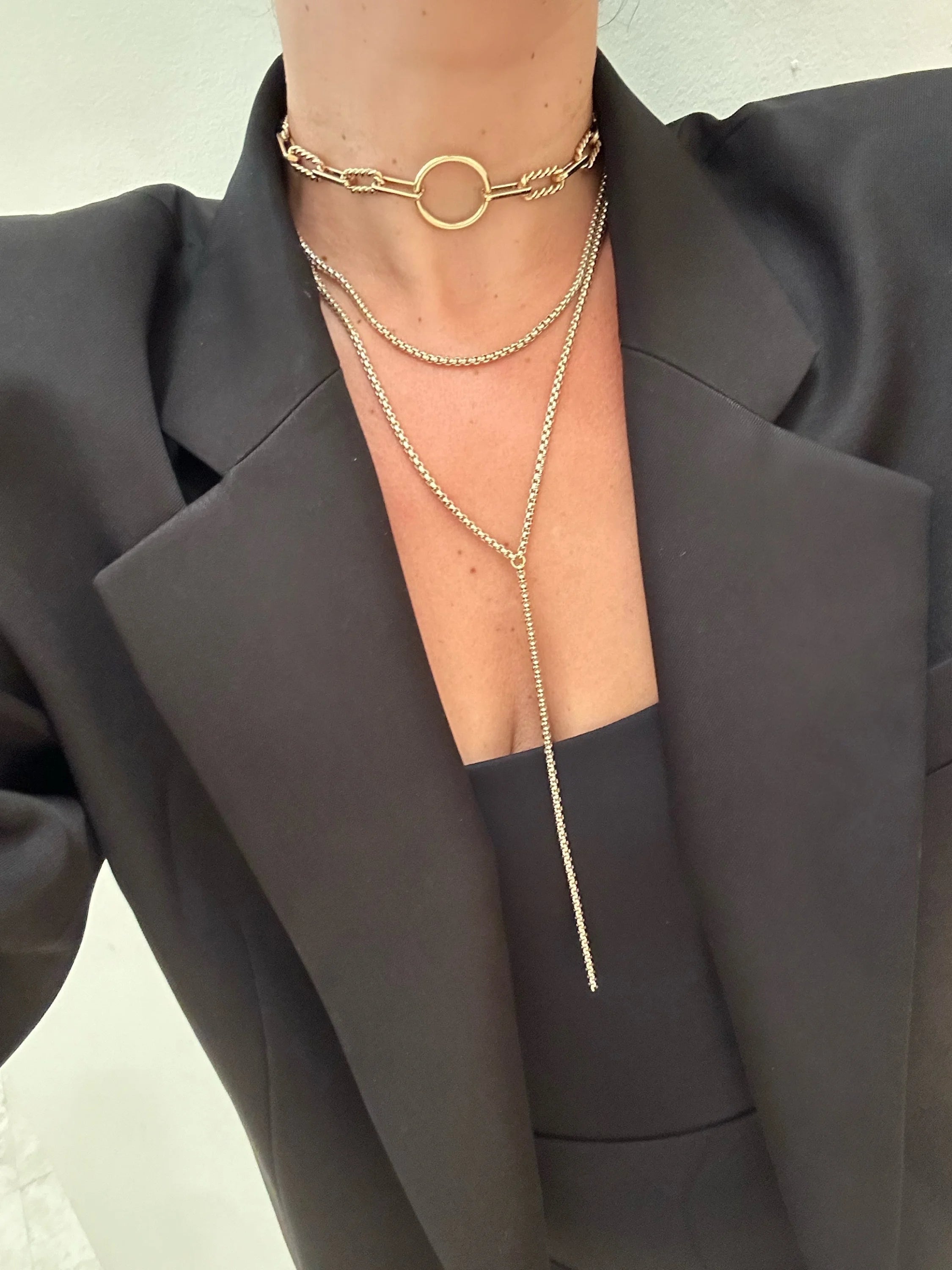 Layered gold Luciana Box Chain Lariat necklace showcasing elegant Venetian Box Chain style