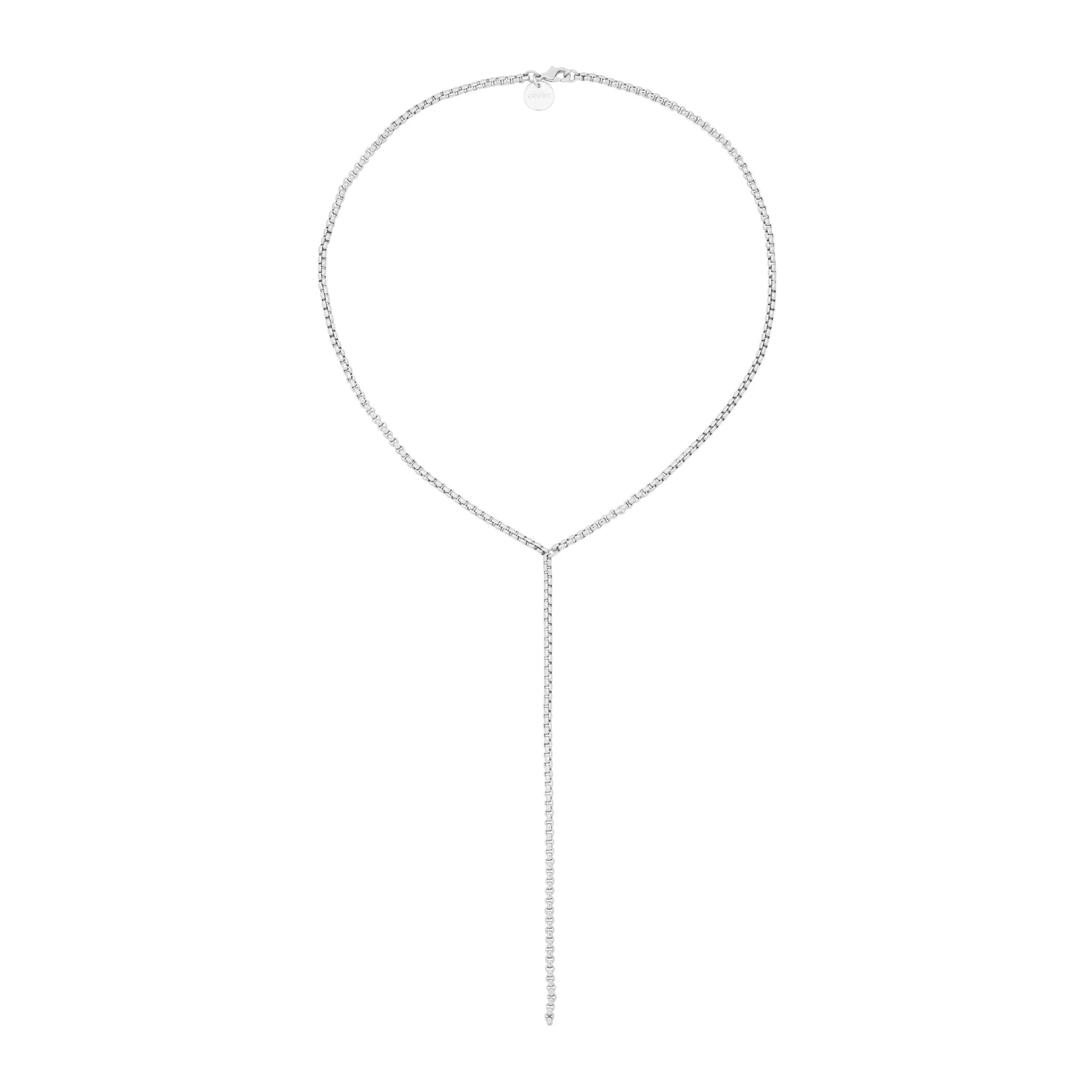 Silver Y-shaped necklace featuring a Thin Luciana Box Chain Lariat design
