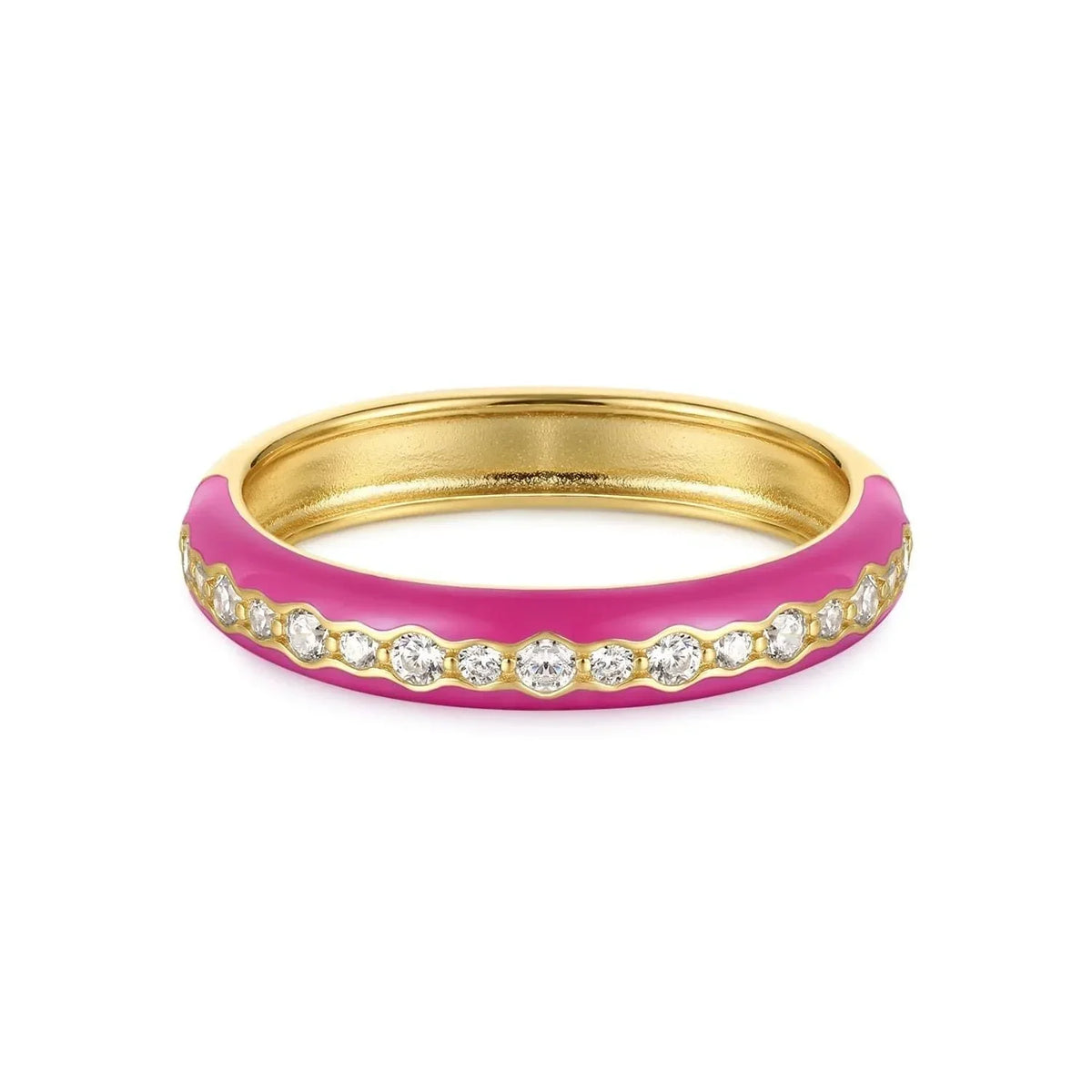 Gold ring with pink enamel and diamonds from Thin Pink Enamel & CZ Channel Ring collection