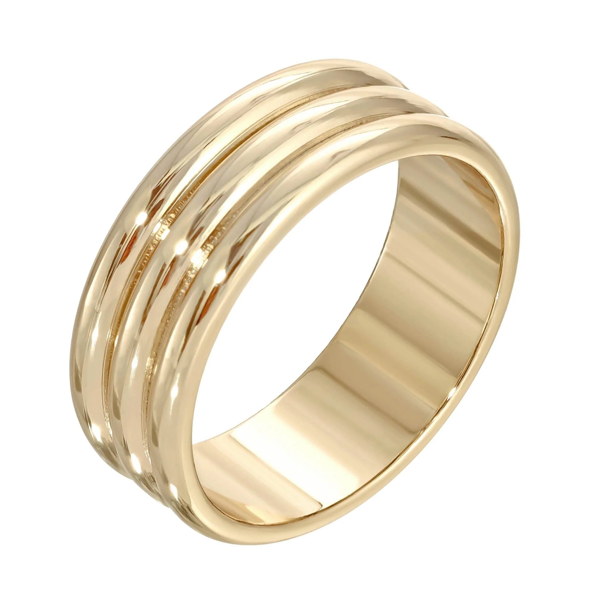 Gold band ring with grooves, brass triple domed design, perfect as a 14k yellow jewelry piece