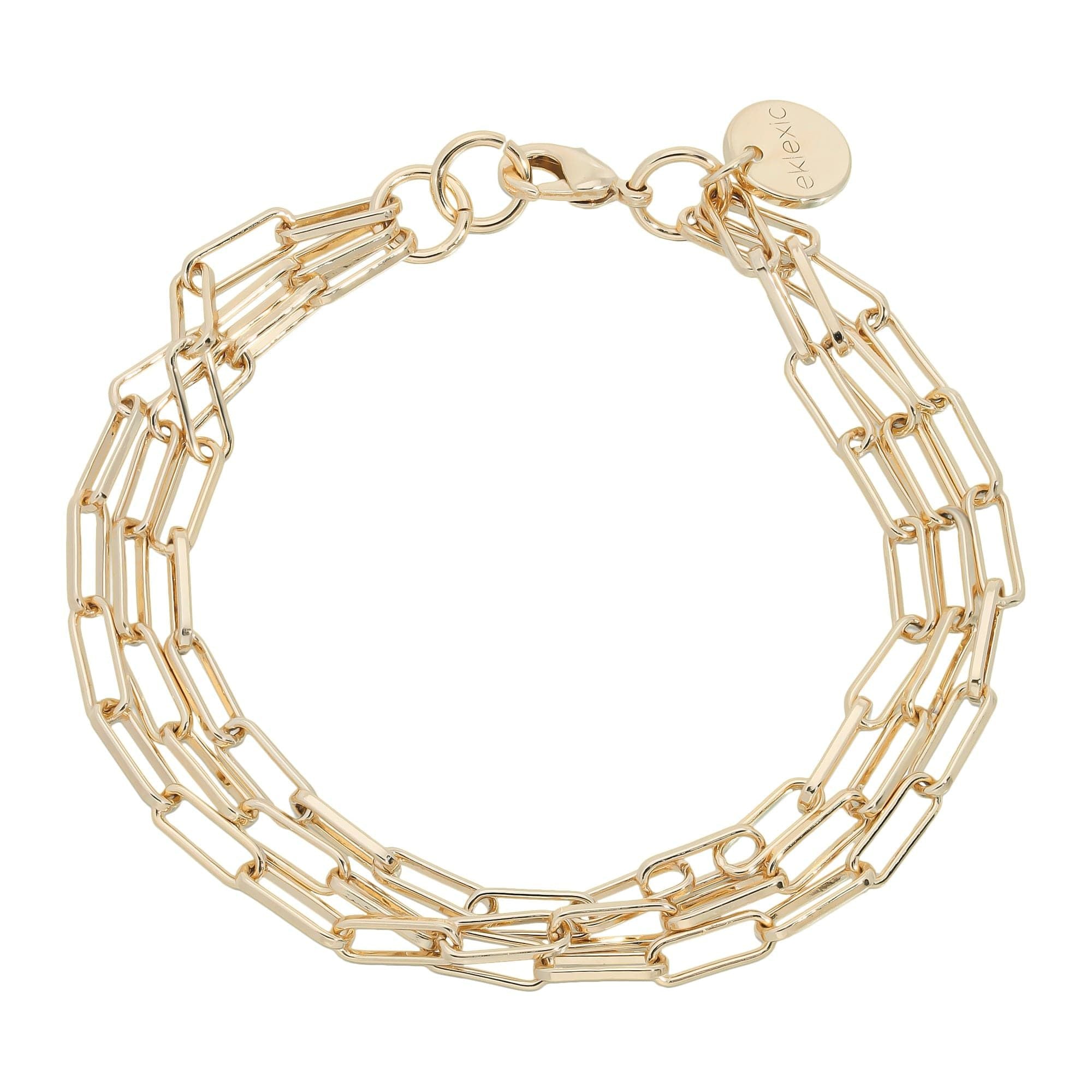 Gold-toned triple chain bracelet made from recycled brass paper clip design