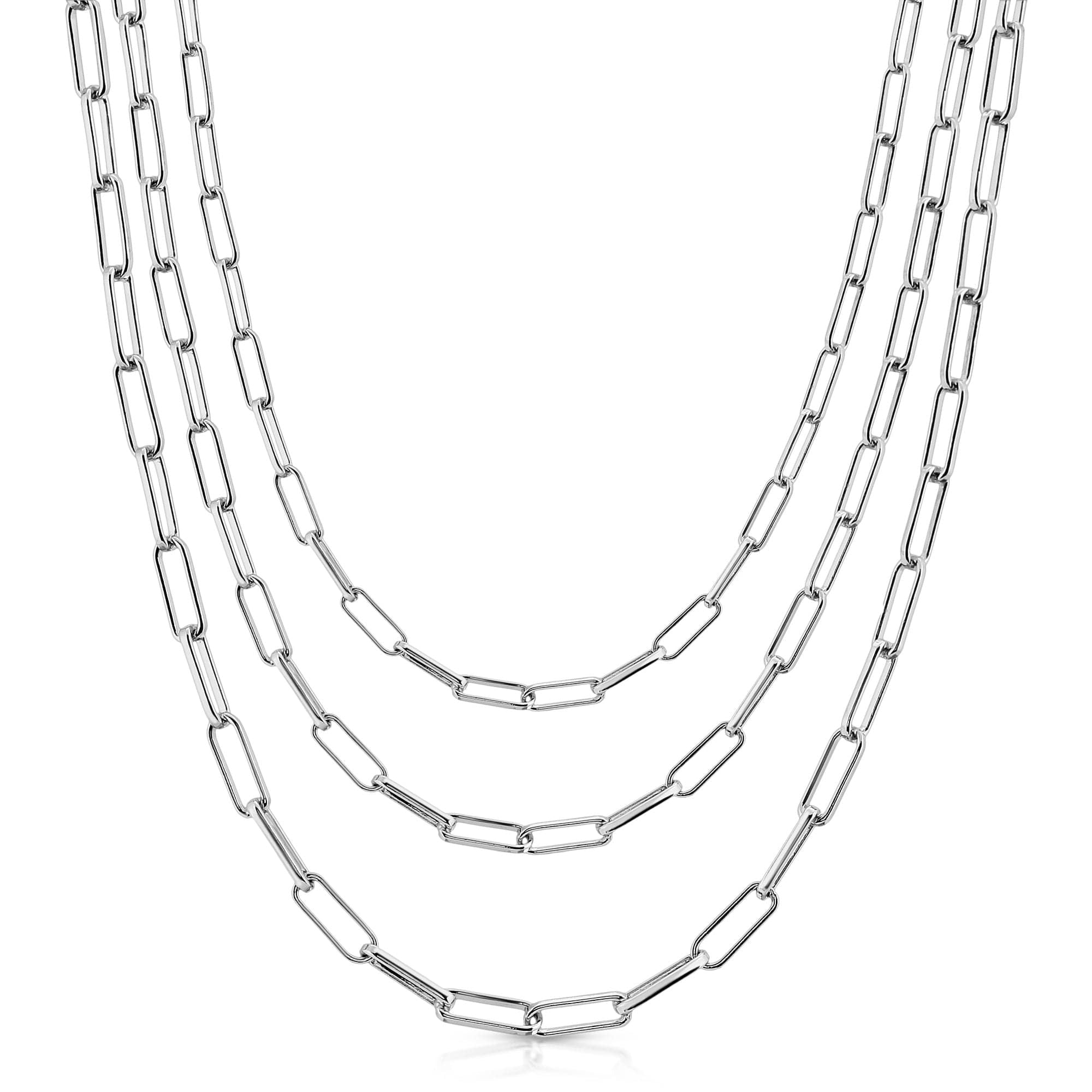 Three-strand silver paperclip chain necklace made from recycled brass paper, elongated link chain