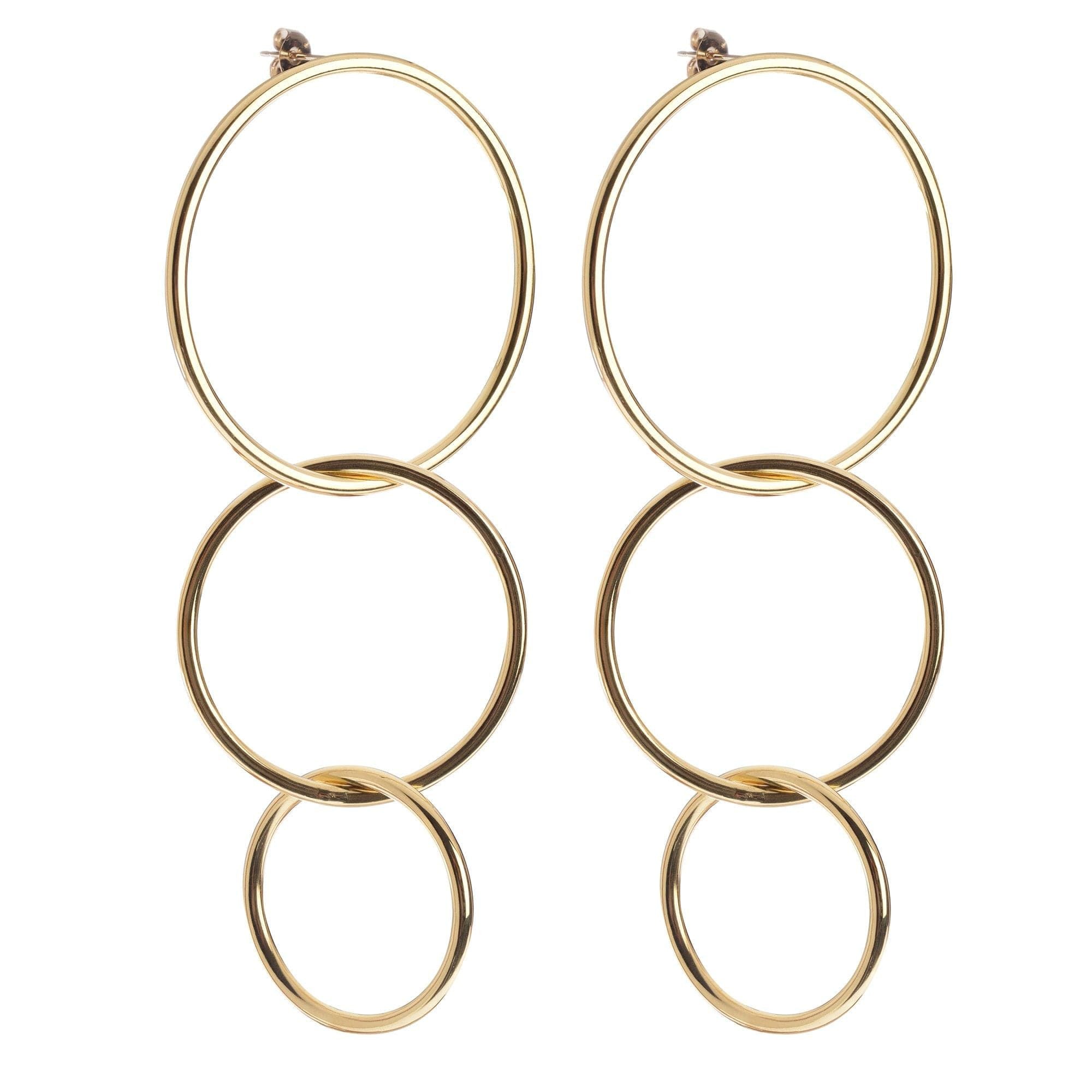 Pair of 14k Yellow Gold Triple Interlinking Circle Drop Earrings with Brass Circle Rings