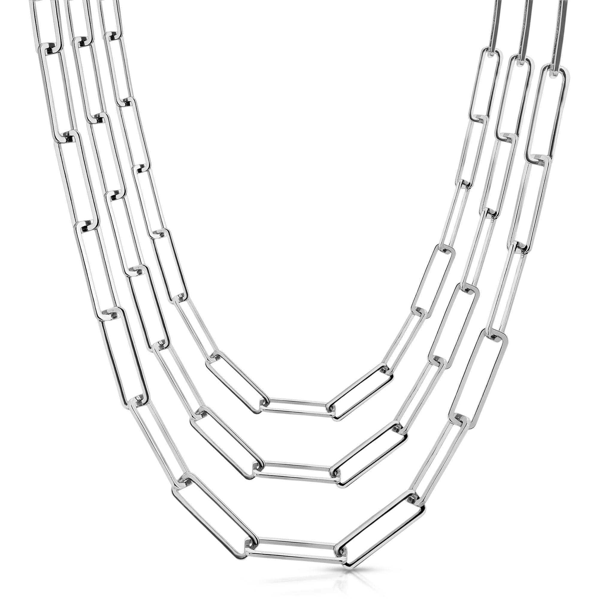 Three-strand silver chain necklace featuring recycled brass large rectangle links