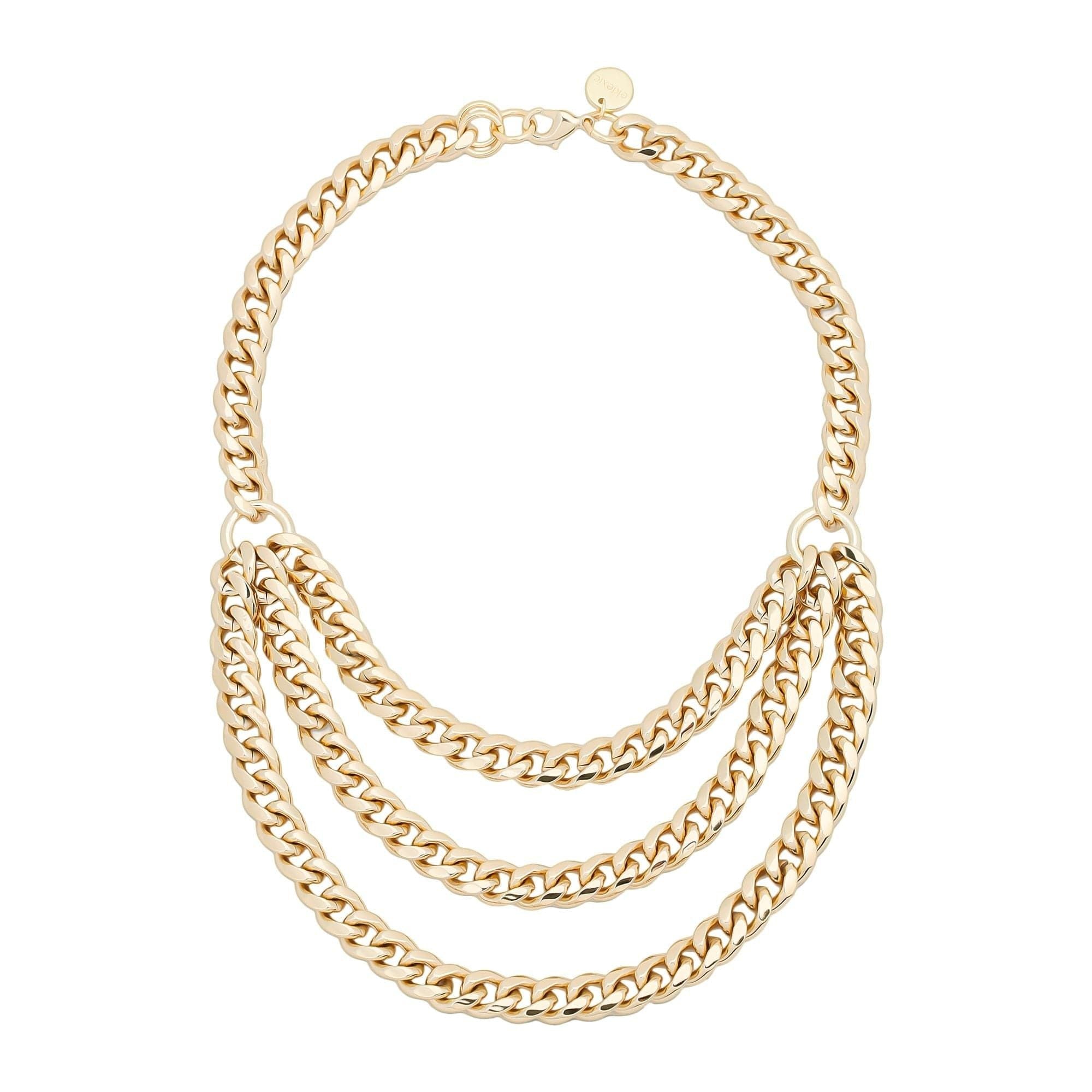 Gold-toned triple layer curb chain necklace made of recycled brass Cuban links