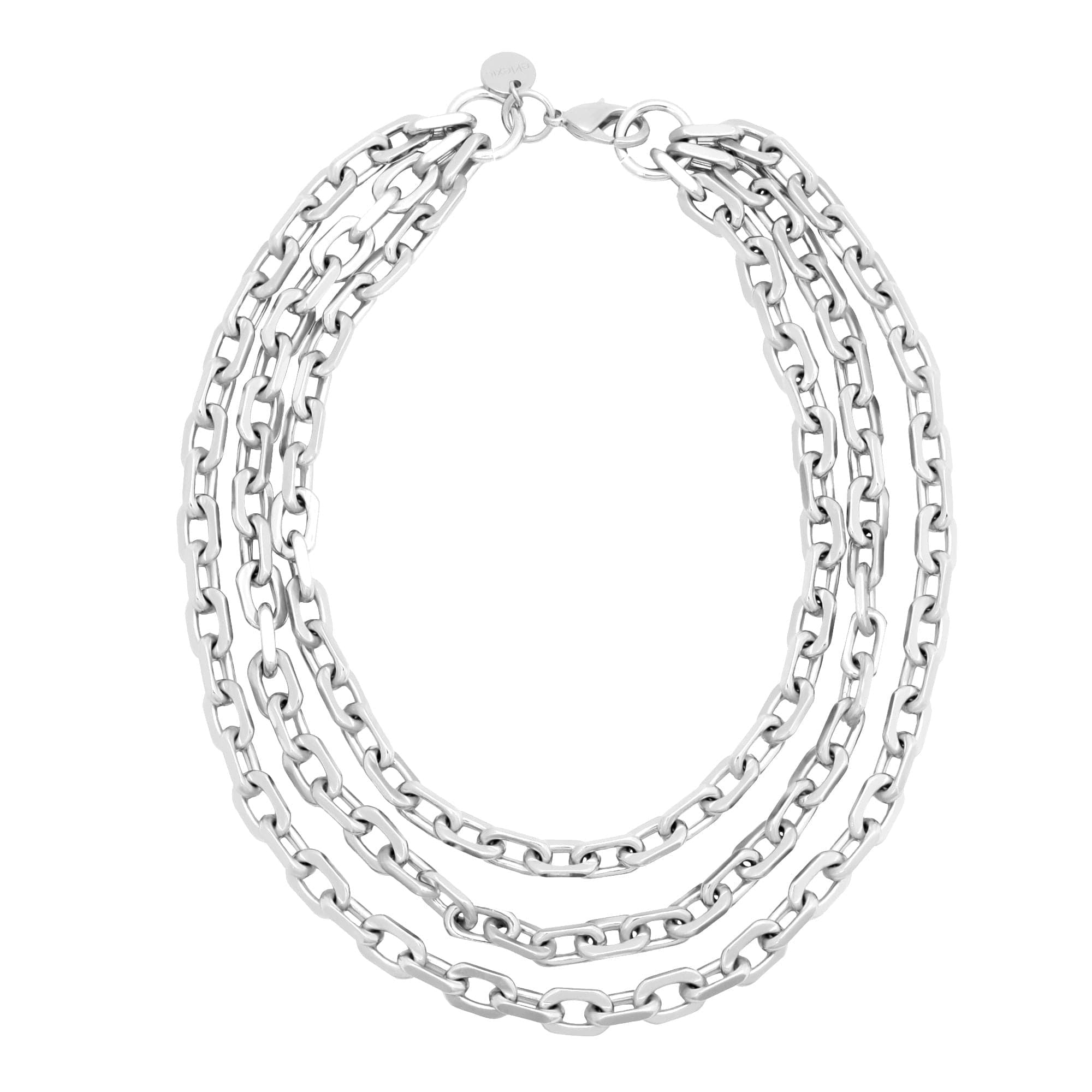 Silver multi-strand chain necklace featuring the Triple Layer Lennon design with brass cable link