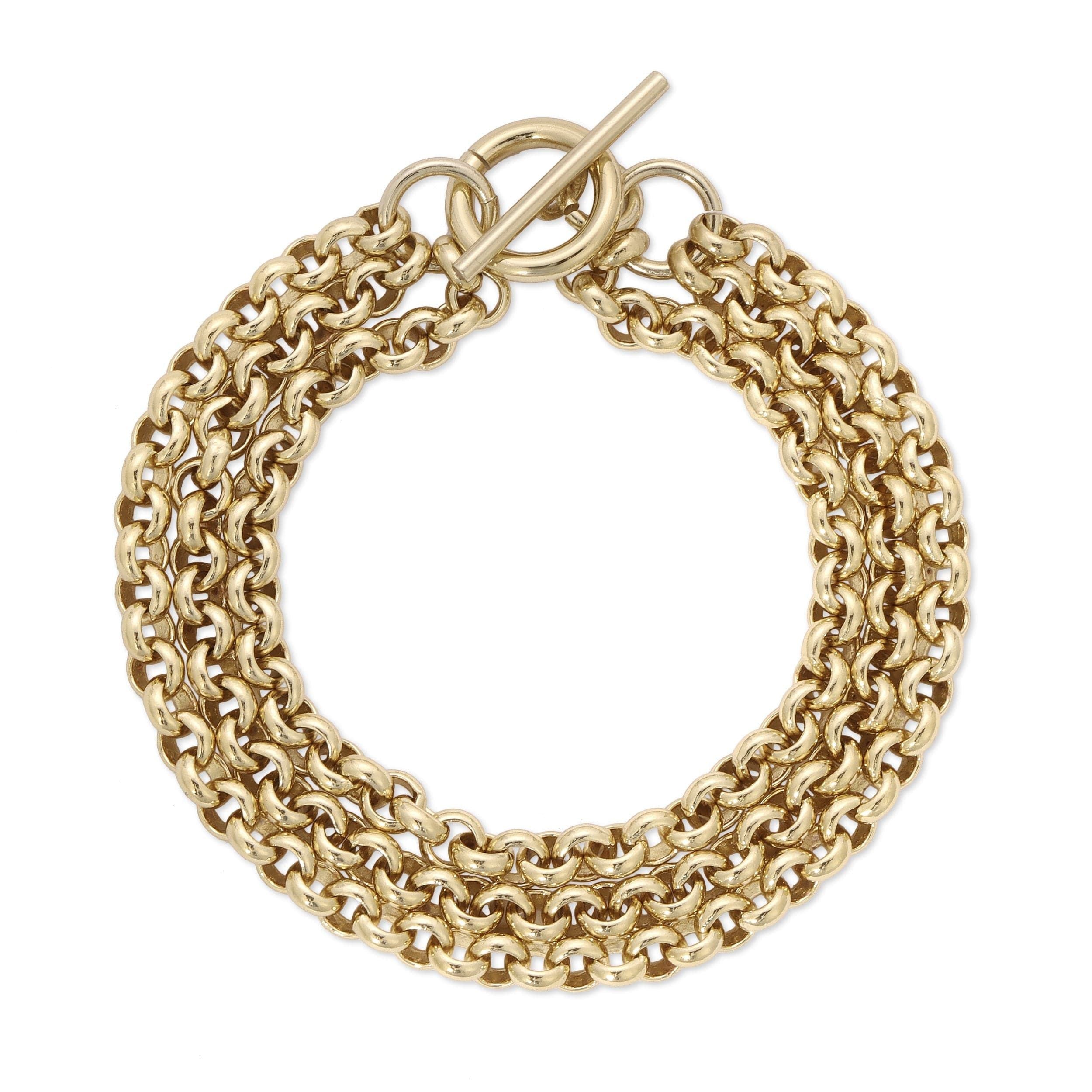 Gold-toned 14k gold multi-strand chain bracelet with toggle clasp and rhodium plating