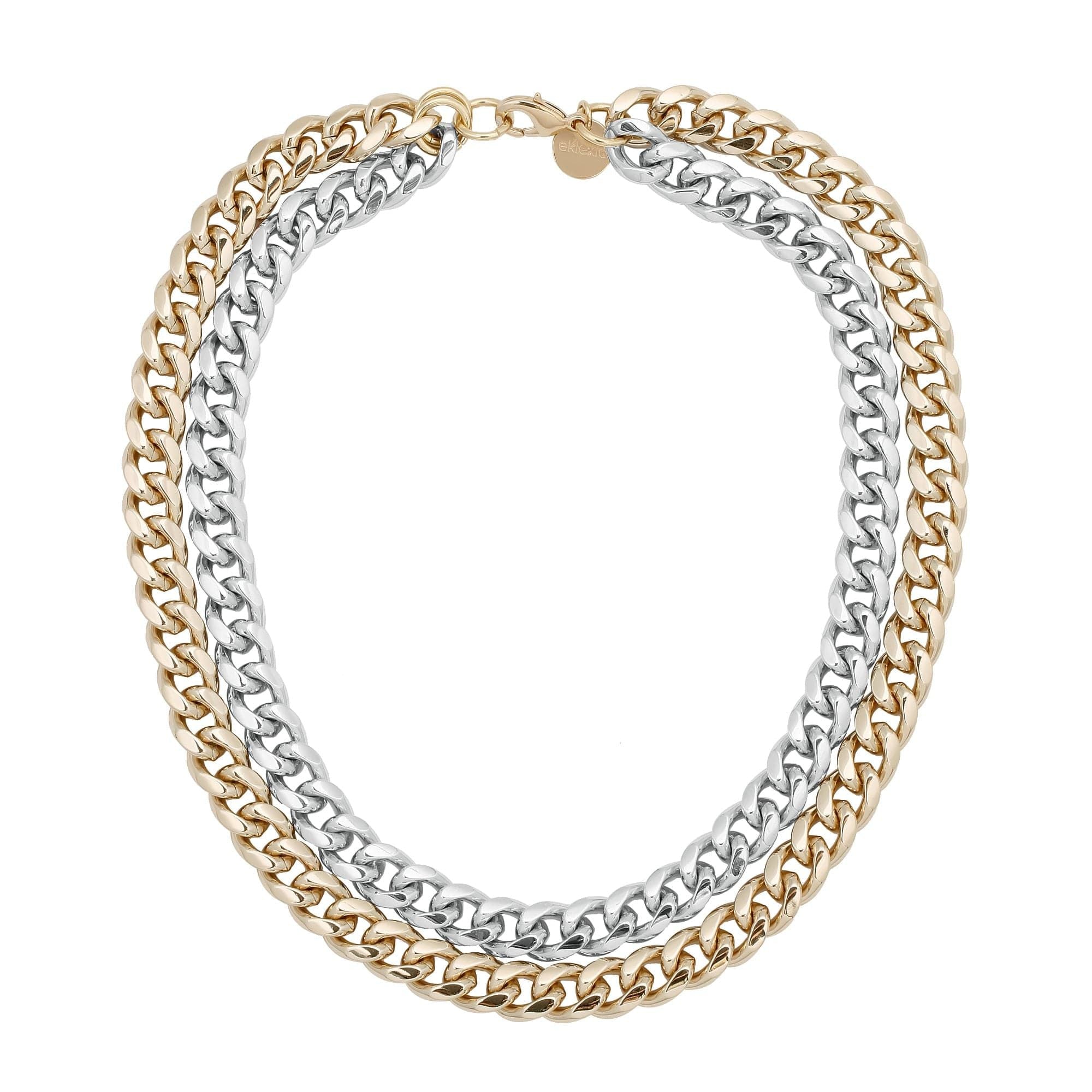 Three-strand gold and silver two-toned double curb chain necklace with 15mm curb chain design