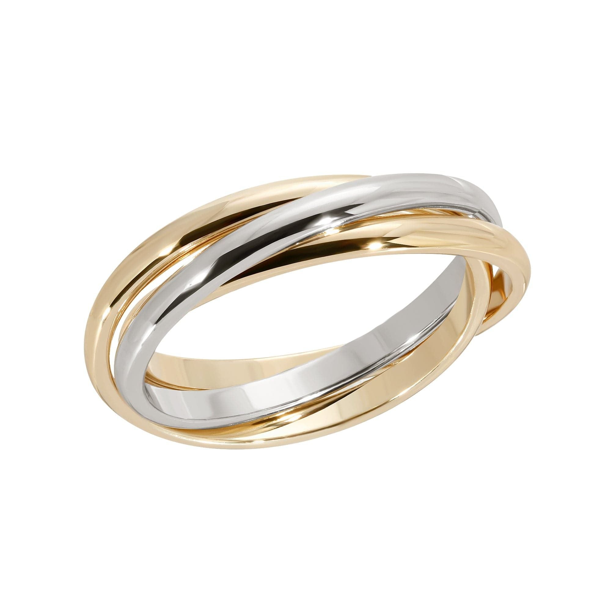 Interlocking gold and silver rings in a Two Toned Triple Domed Roll Ring design