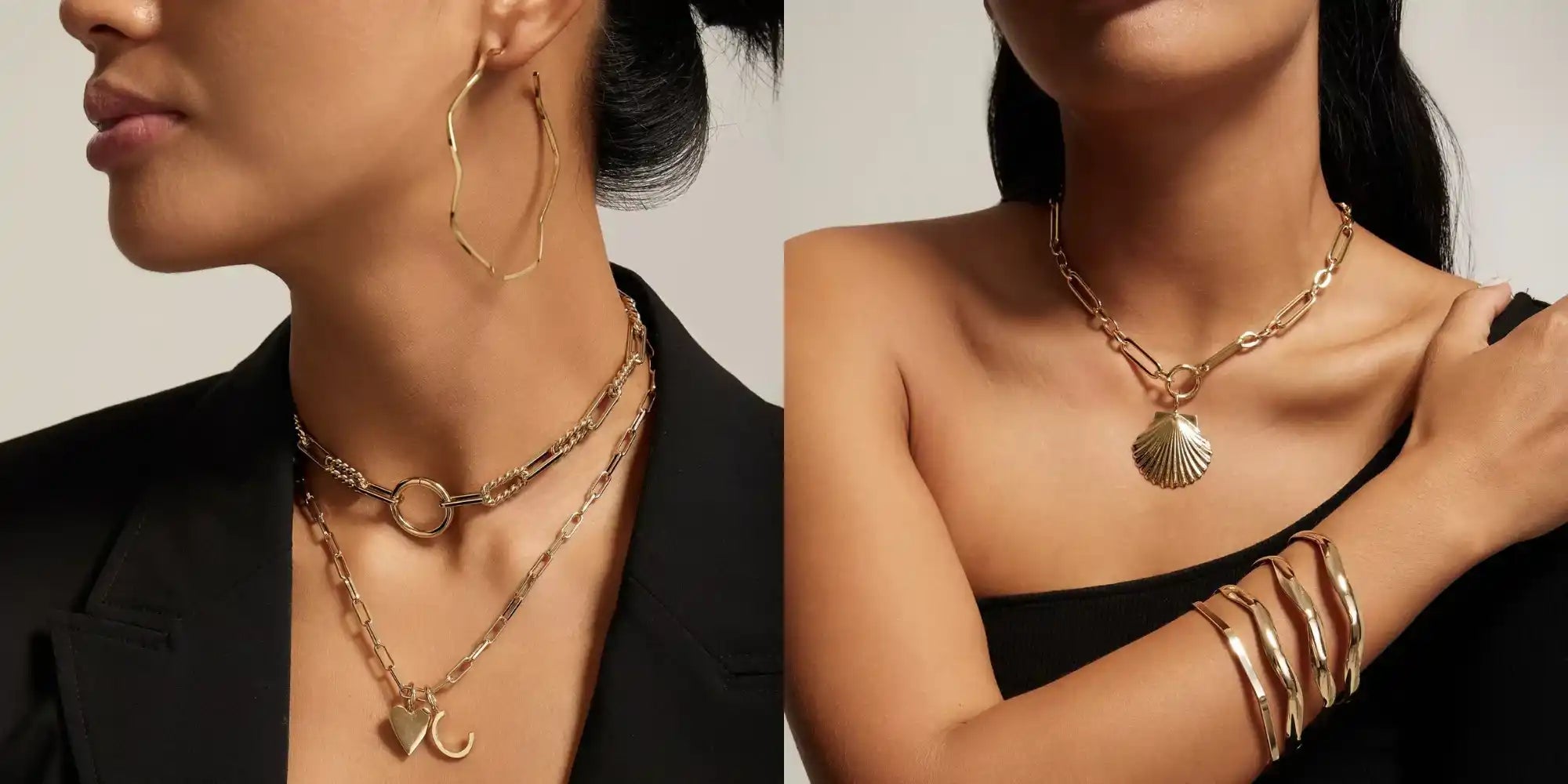 Two women modeling gold-toned jewelry.