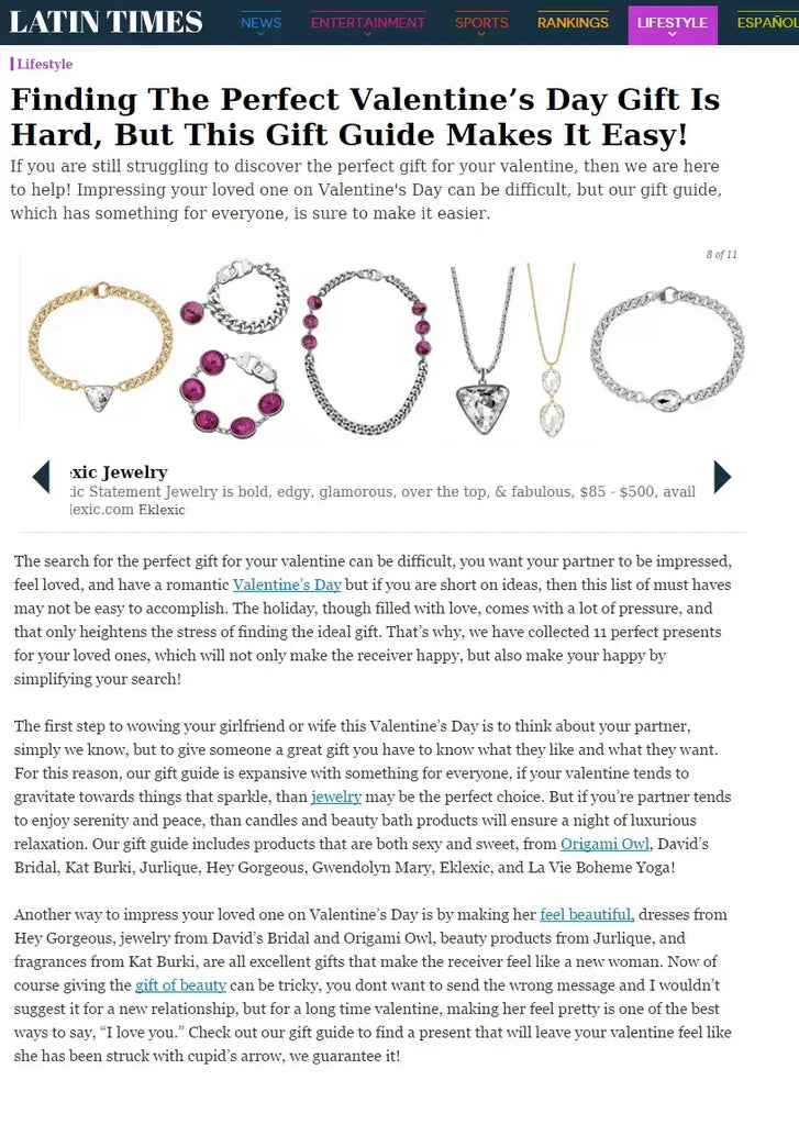 Valentine’s Day gift guide featuring Eklexic in The Latin Times article display