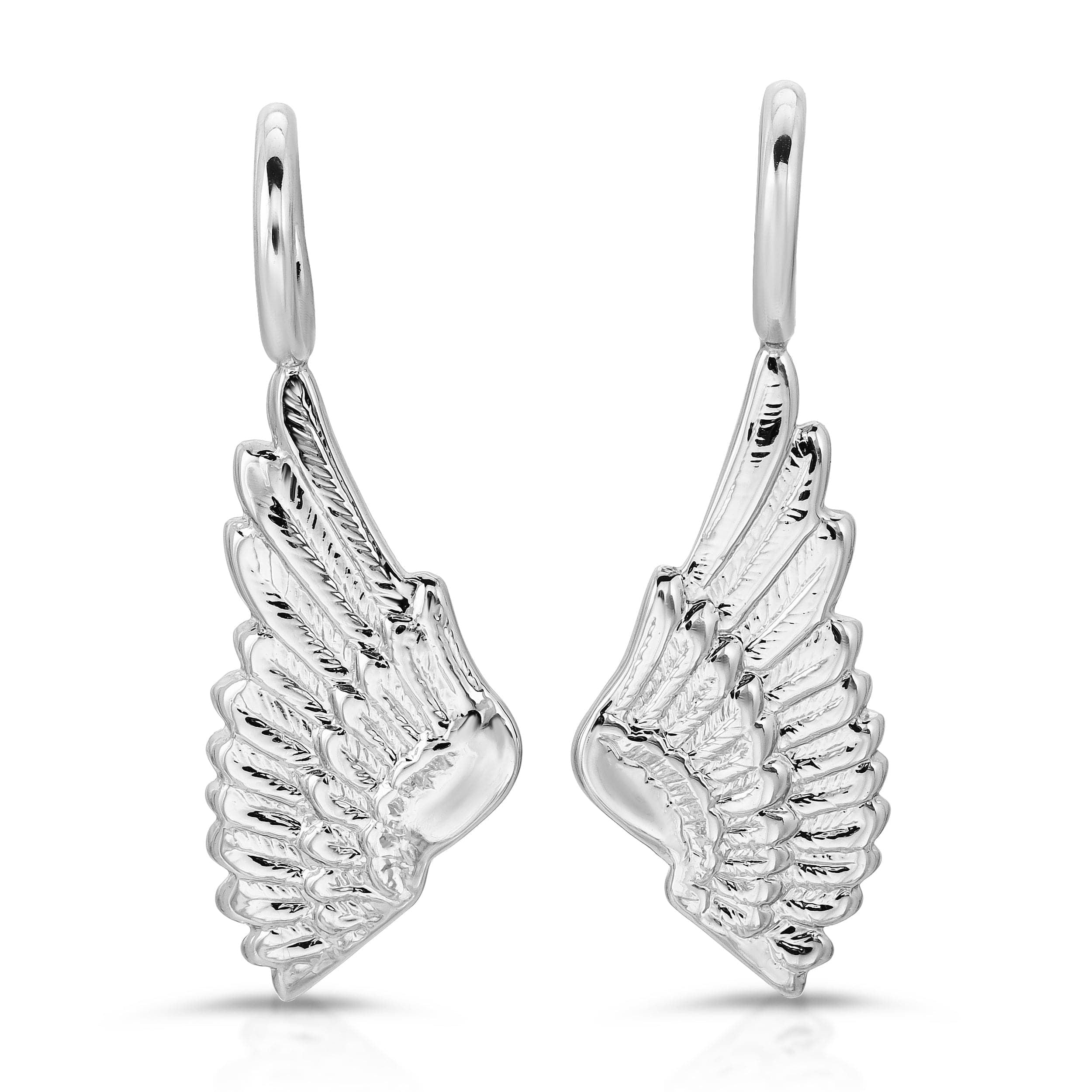 Silver angel wing earrings with recycled brass finishes and rhodium plating in a pendant set