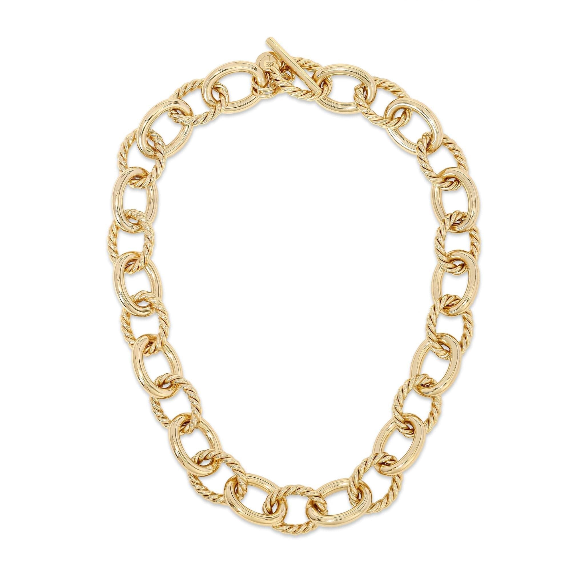 Gold chain link necklace featuring extra large links and recycled brass finishes