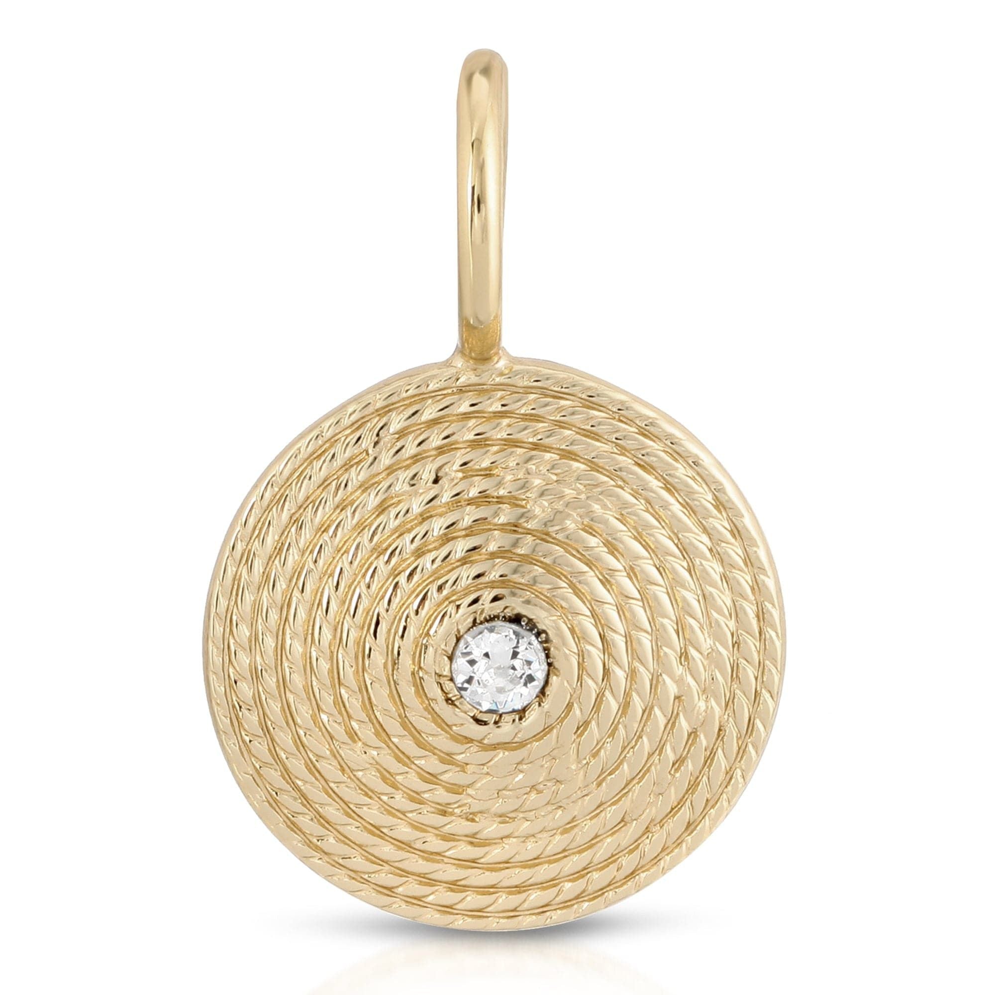 Gold spiral Zena Pendant with diamond and round rope texture in recycled brass plated finish