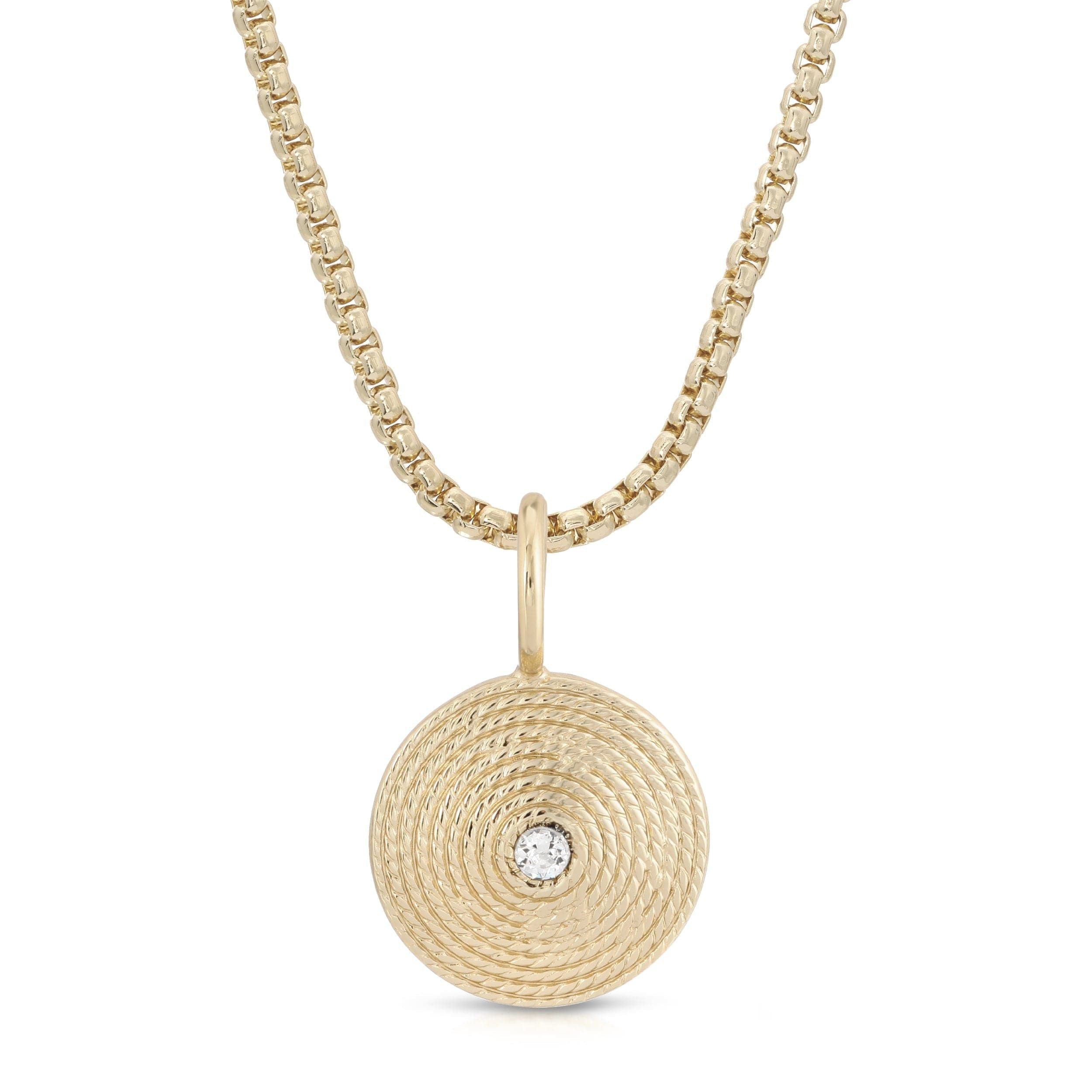 Gold Zena Pendant Necklace with textured circular pendant and recycled brass finishes