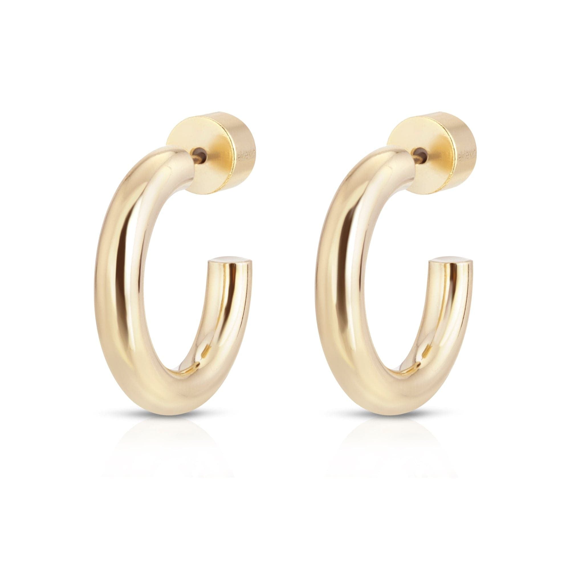 Pair of Zo Huggie Hoops in 14k gold rhodium with recycled brass design