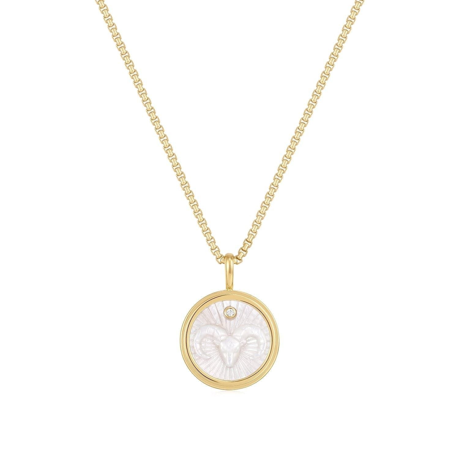 Gold Vermeil Necklace with Aries Ram Pendant on Mother of Pearl, 14k Gold Vermeil Design