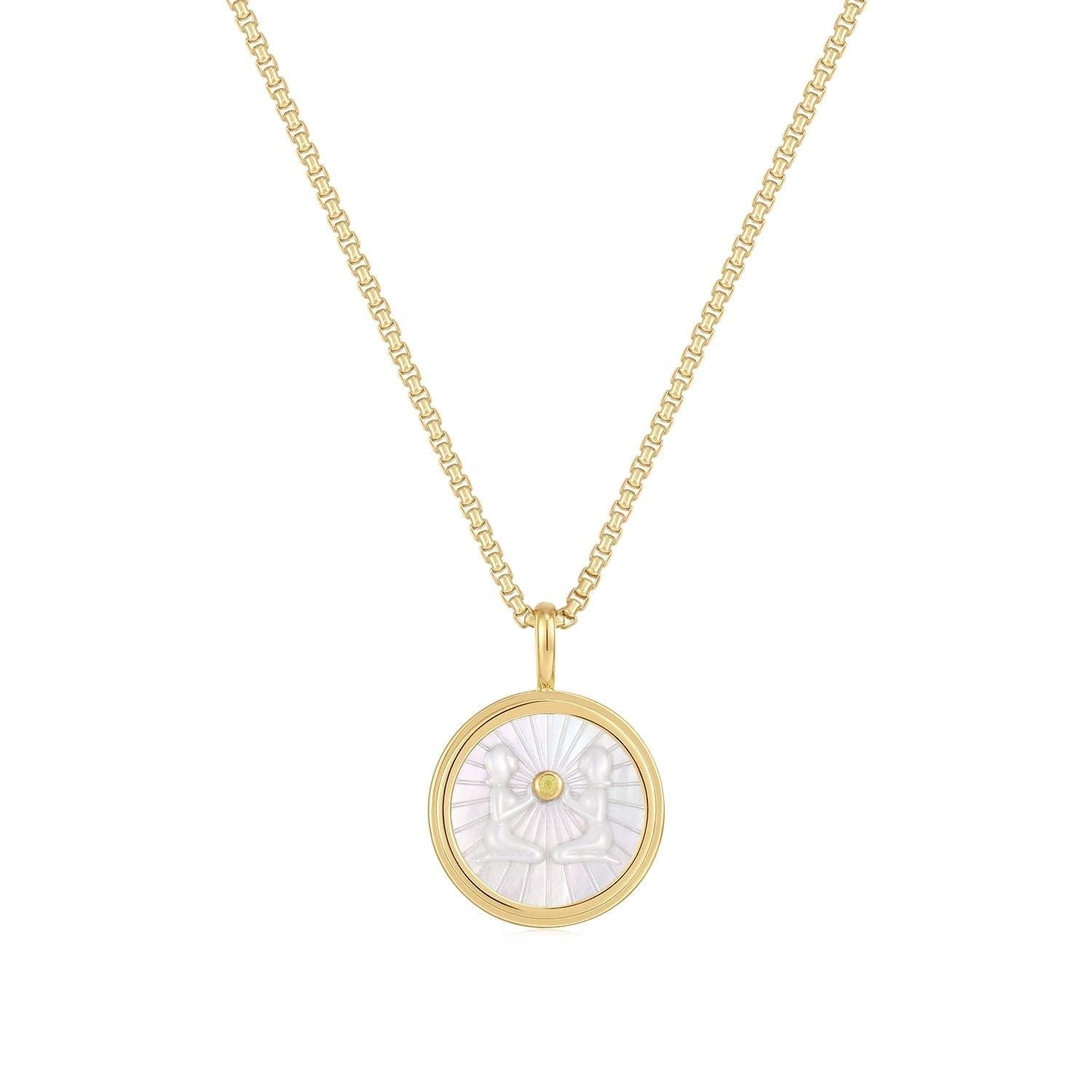 Gold Vermeil Necklace with Circular Pendant featuring Zodiac Gemini in Mother of Pearl