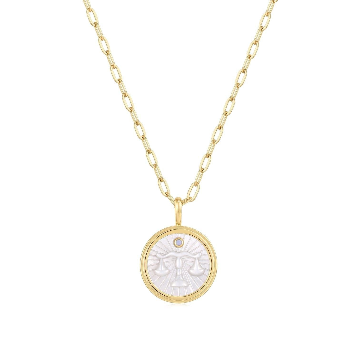 Gold chain necklace with Libra pendant in 14k gold, featuring Mother of Pearl accents