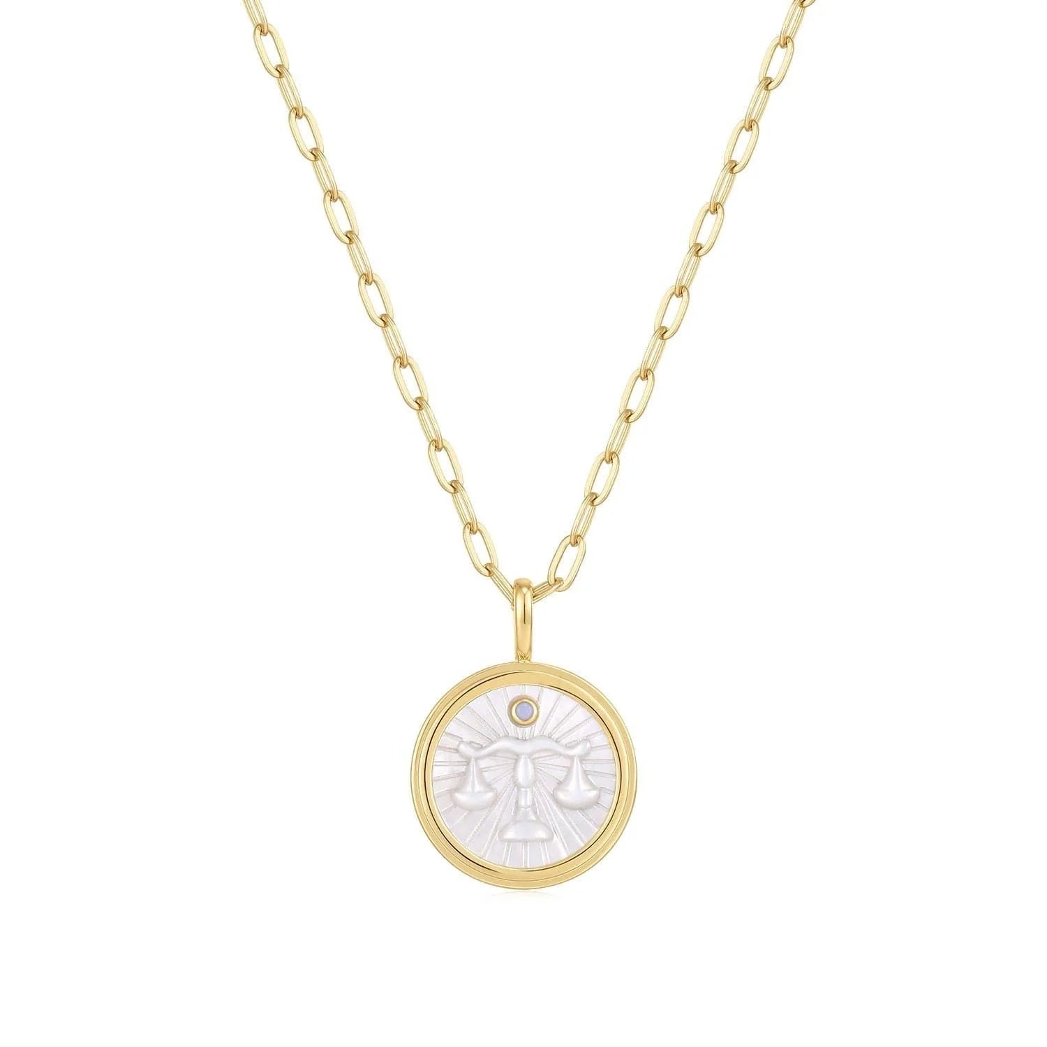 Gold chain necklace with Libra pendant featuring 14k gold, sterling silver, and nano gems