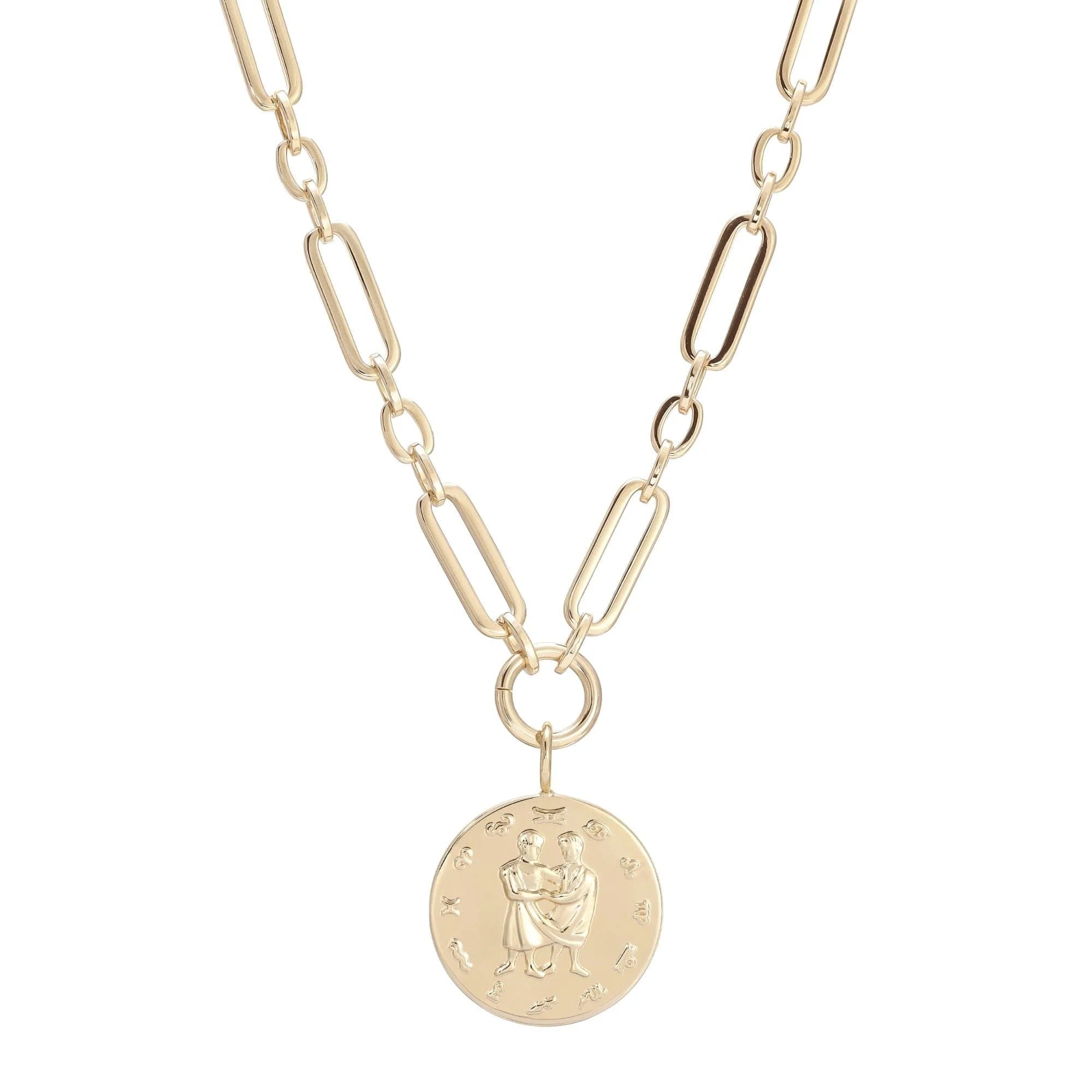 Gold-toned Zodiac Pendant Necklace with Gemini Drop Pendant on Large Multi Link Chain
