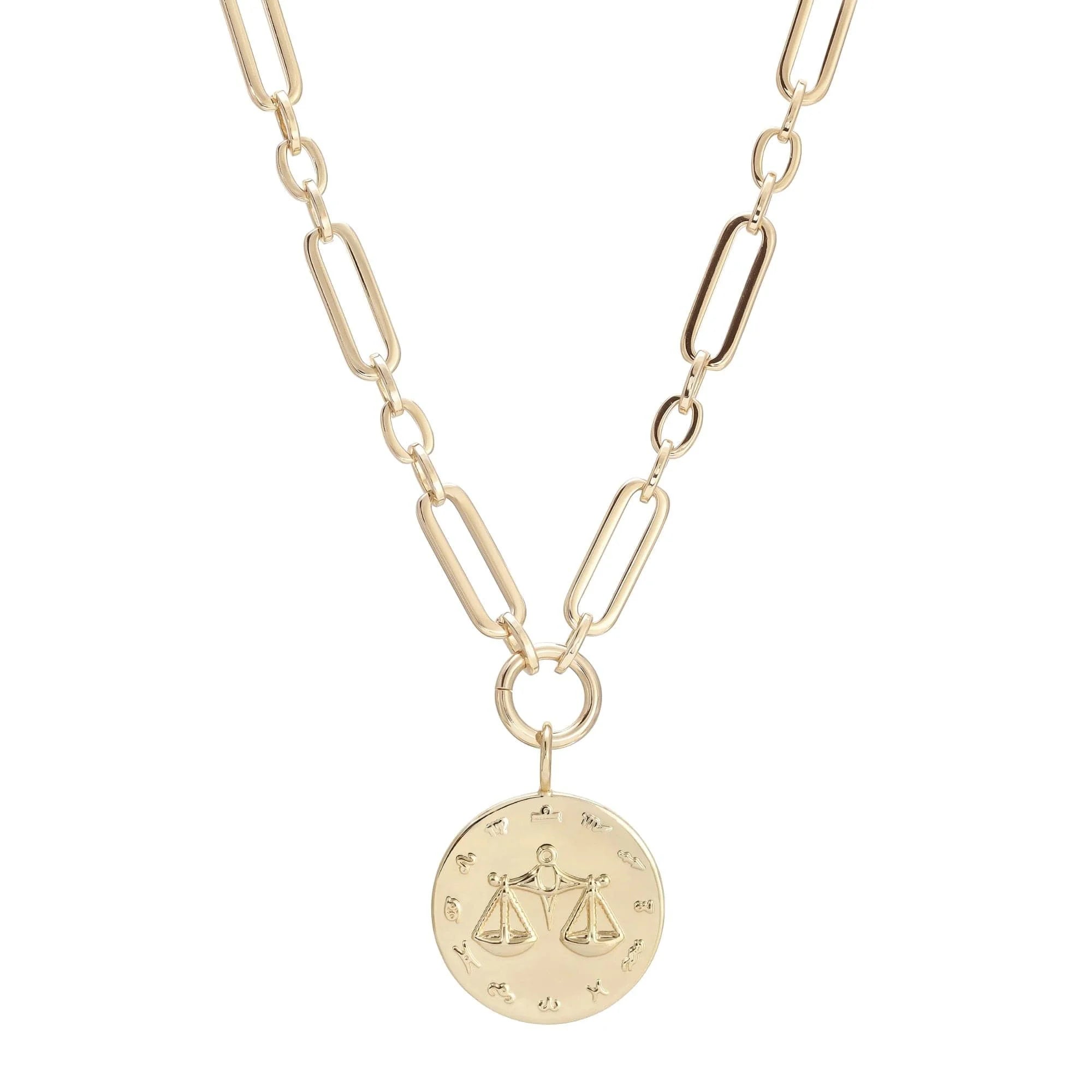 Gold-toned Libra zodiac pendant necklace with large multi-link chain drop pendant necklace