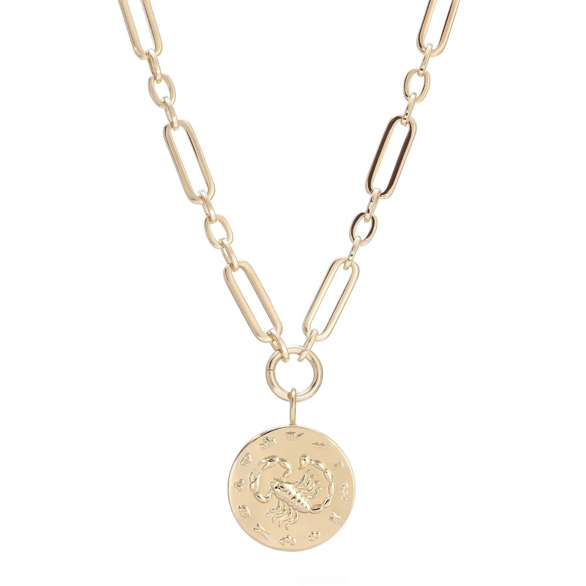 Gold-toned zodiac Scorpio pendant necklace with large multi link chain, drop pendant necklace