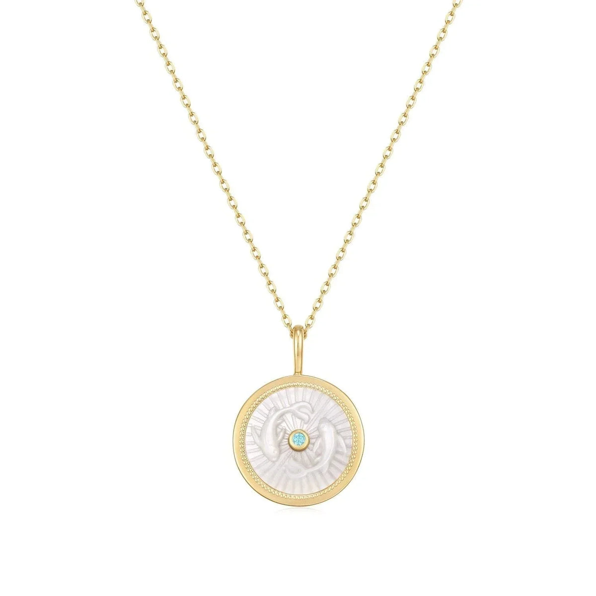 Gold Necklace with Pisces Zodiac Pendant and Mother of Pearl Detail