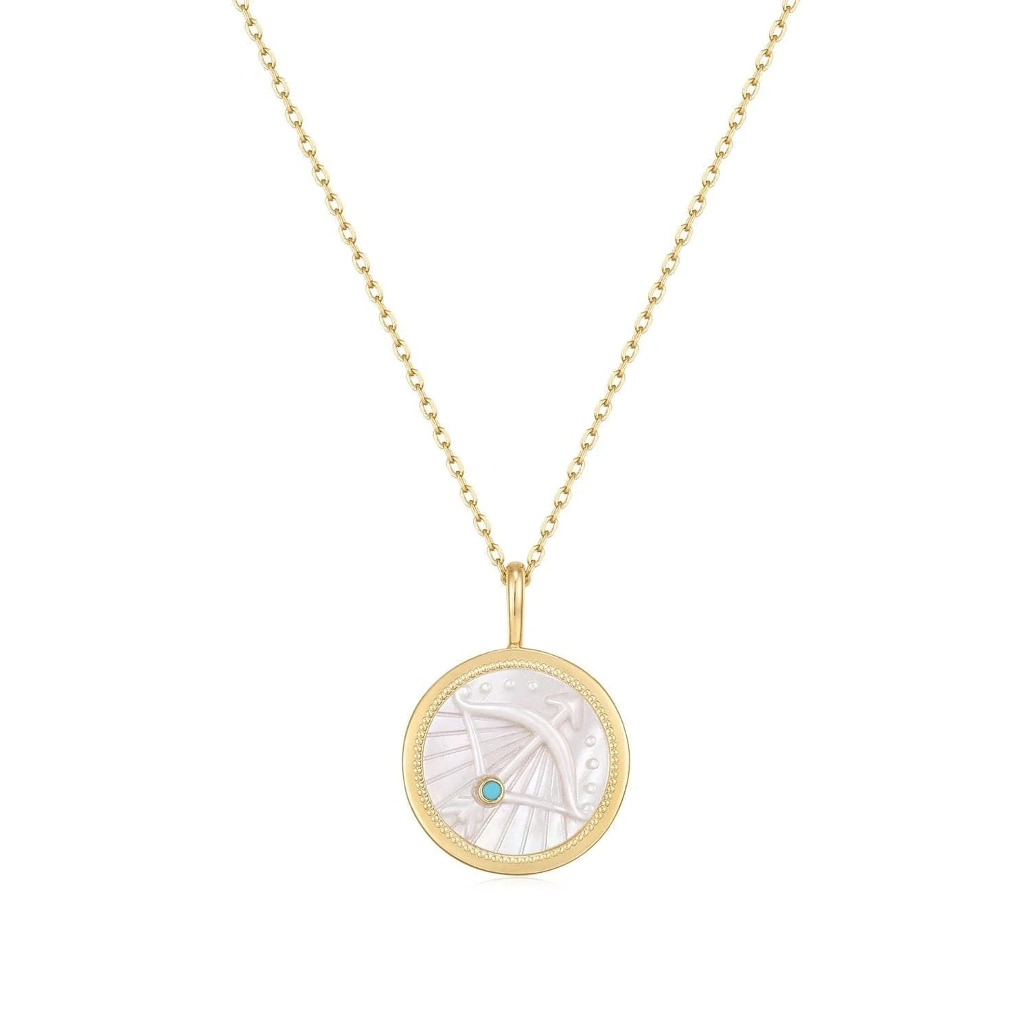 Gold Sagittarius pendant necklace with 14k gold plating, sterling silver, and turquoise details