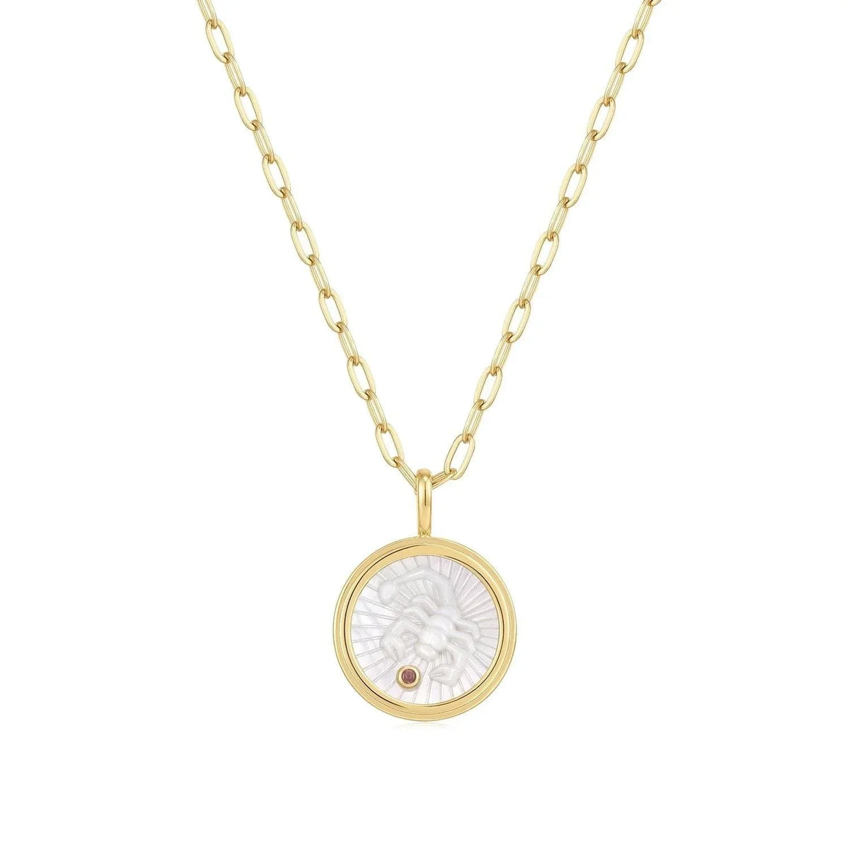 Gold chain necklace with a Mother of Pearl Scorpio pendant perfect for zodiac lovers