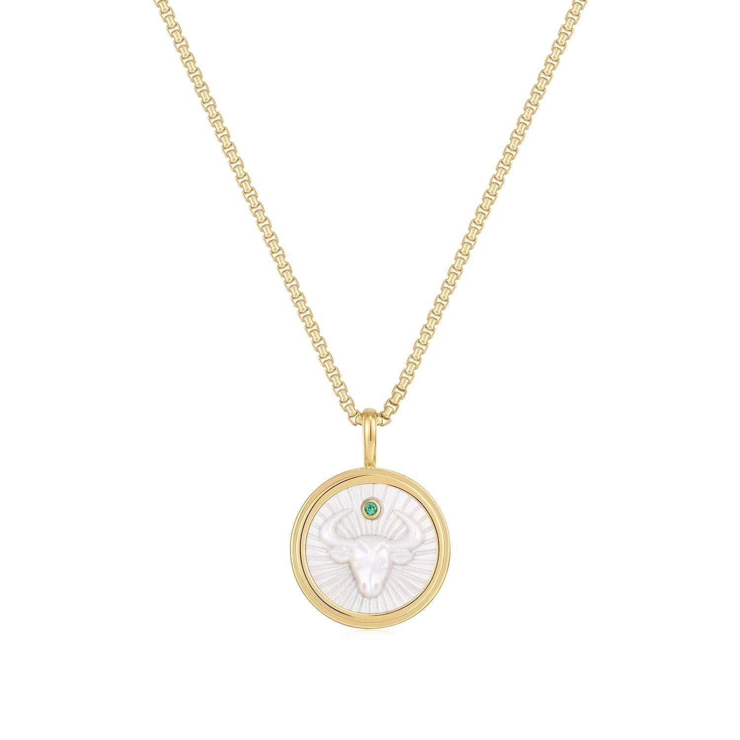 Gold chain necklace with Taurus pendant in 14k gold, a Zodiac Taurus Mother Of Pearl Necklace