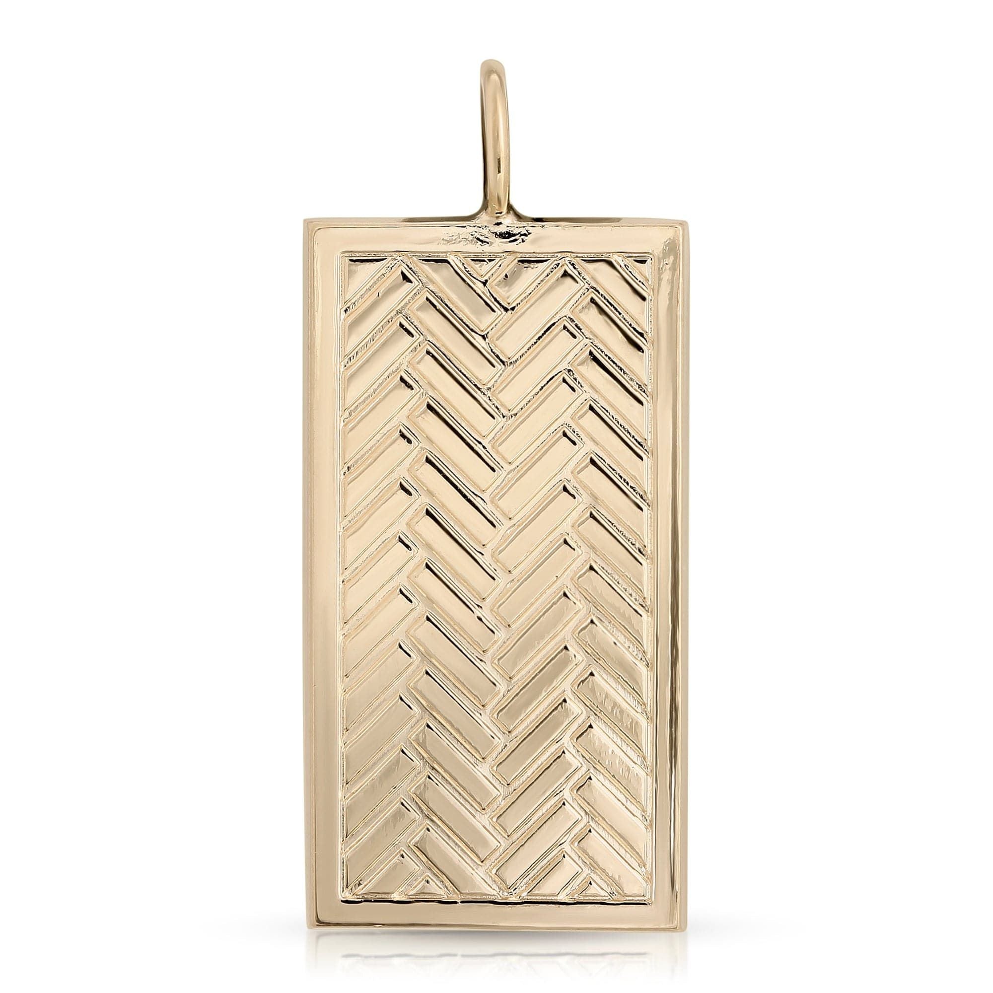 Gold Herringbone Pendant from Zoelle Pendant, recycled brass plated, shaped pendant measures elegant